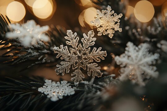 Close-up of snowflakes resting on a pine branch in a peaceful winter scene