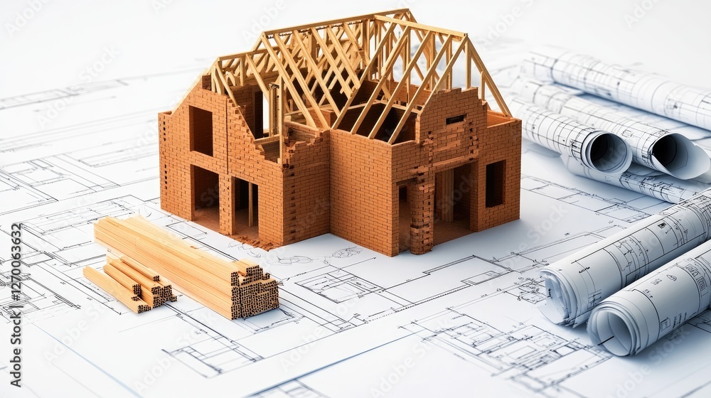 Poster a construction site showing bricks, blueprints, and the skeletal frame of a house, highlighting the 