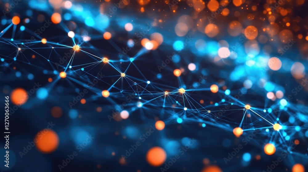 Poster secure blockchain finance, digital nodes interlinked across a global payment network.