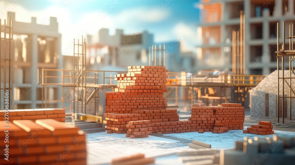 Poster a construction site with bricks stacked, blueprints spread out, and scaffolding set up, illustrating