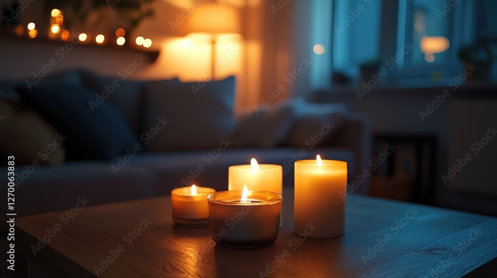 Poster a cozy living room with glowing candles set on a table, creating a serene and tranquil ambiance for 