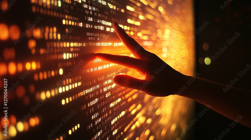Poster digital hand touching glowing orange binary code data stream abstract technology background futurist