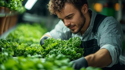 Farmer Inspecting Lettuce Crop in Indoor Hydroponic Vertical Farm with Uniform Lighting