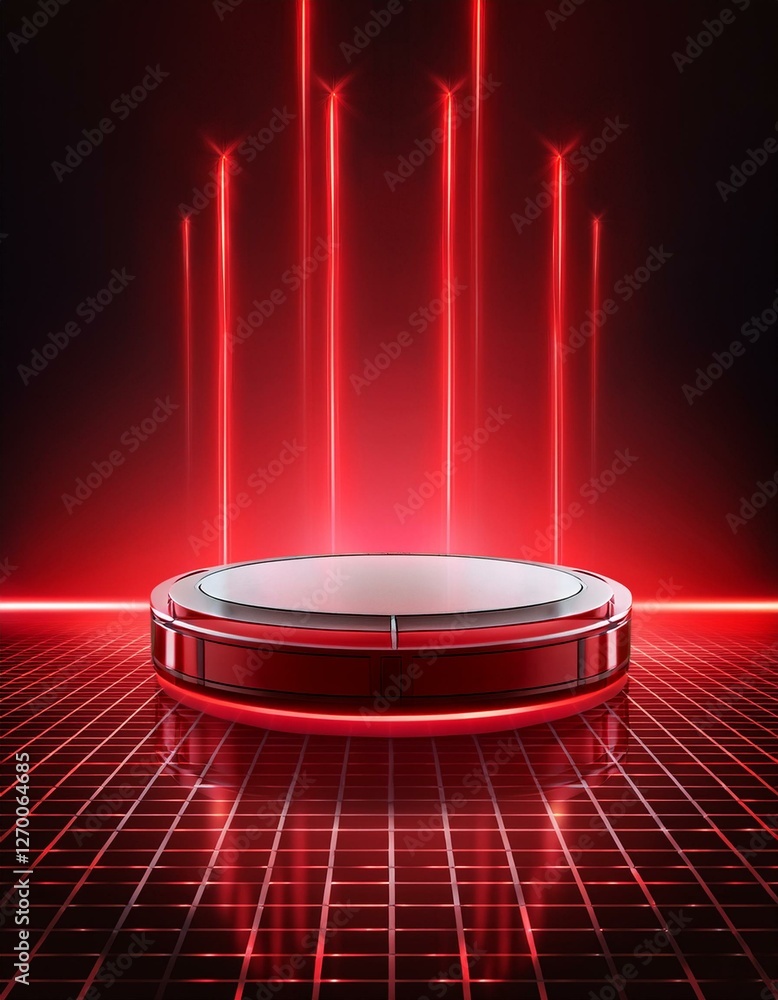 Poster futuristic red podium with light and reflection background. generated image