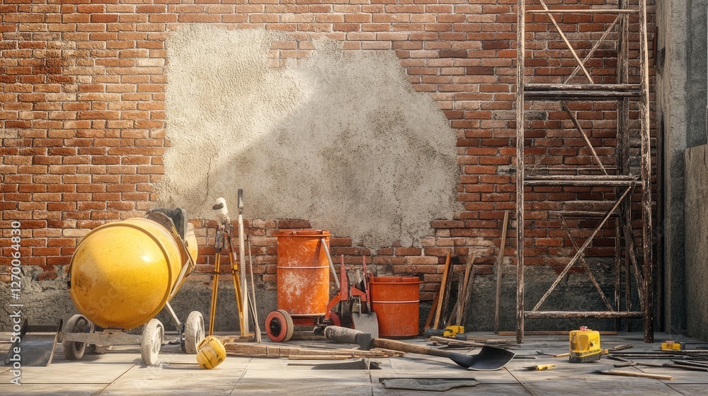 Aufkleber a detailed 3d rendering of a construction site with a partially built brick wall, tools like a shove