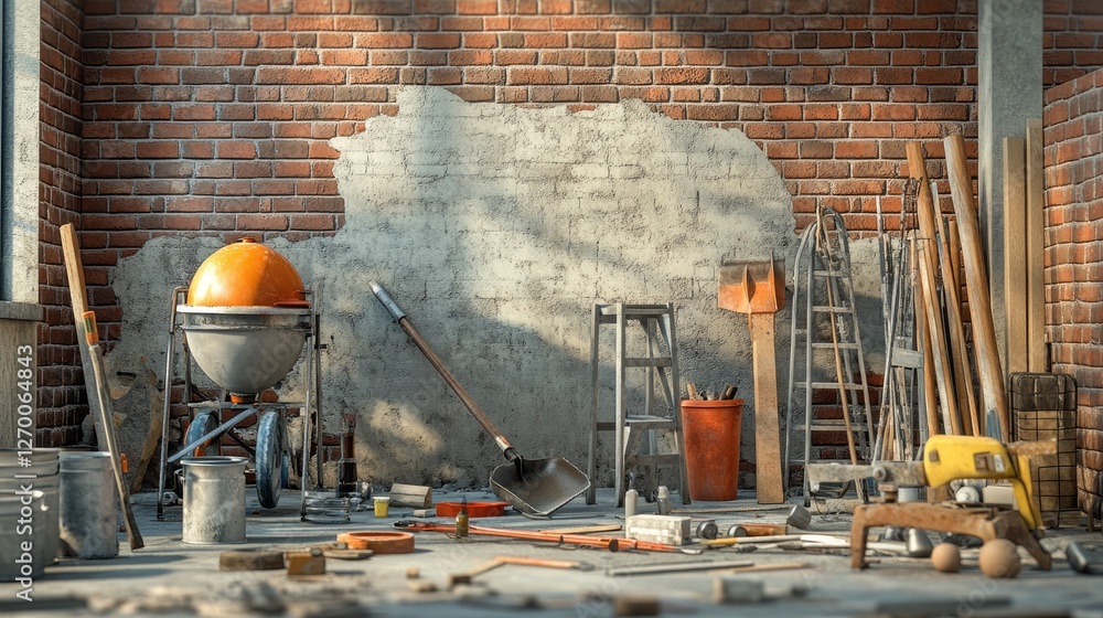 Poster a detailed 3d rendering of a construction site with a partially built brick wall, tools like a shove
