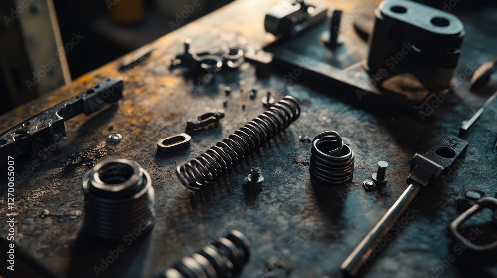 Poster a detailed close-up of metal springs and tools scattered across an industrial workshop workbench, hi
