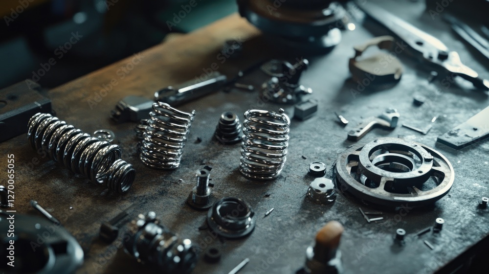 Aufkleber a detailed close-up of metal springs and tools scattered across an industrial workshop workbench, hi