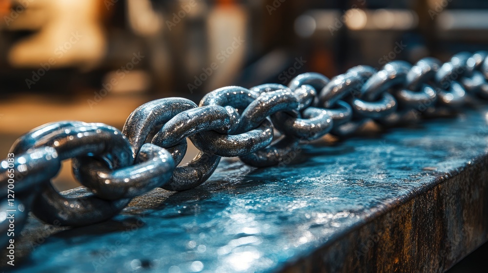 Poster A detailed close-up view of heavy metallic chains resting on a workbench, reflecting light and showcasing the intricacy and craftsmanship of the metal.