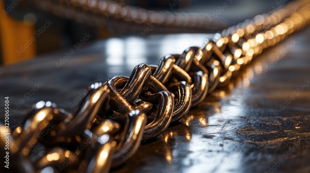 Poster A detailed close-up view of heavy metallic chains resting on a workbench, reflecting light and showcasing the intricacy and craftsmanship of the metal.