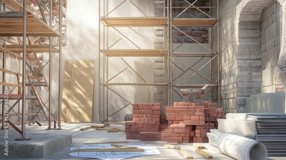 Poster a detailed house construction site with scaffolding, bricks, and blueprints, illustrating the constr