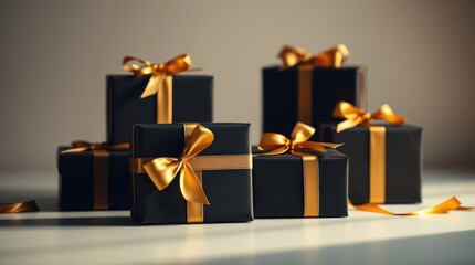 Elegant gifts: Black boxes adorned with gold ribbons create a luxurious and celebratory arrangement.