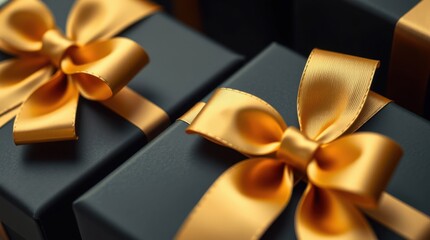 Elegant black gift boxes adorned with shiny golden ribbons, perfect for special occasions and celebrations.