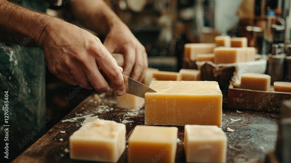 Poster a detailed shot of a soap maker cutting and preparing handmade soap bars, showcasing the process of 