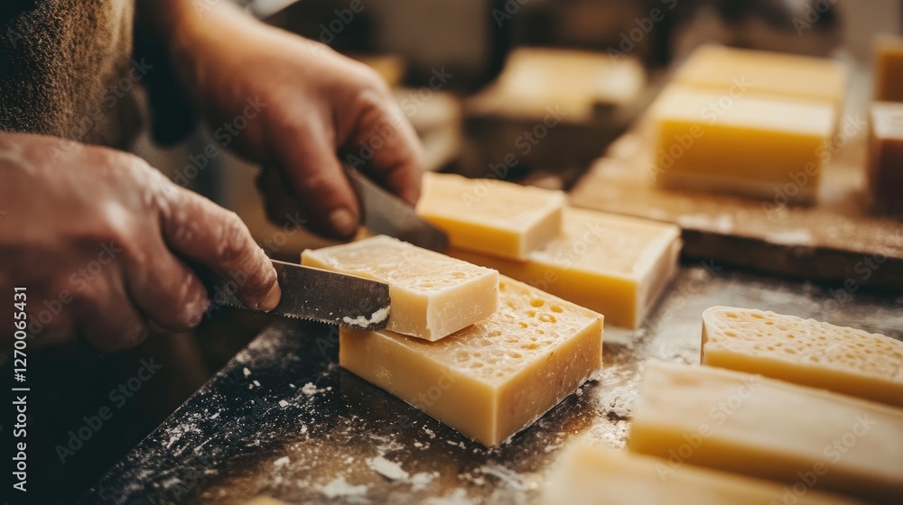 Poster A detailed shot of a soap maker cutting and preparing handmade soap bars, showcasing the process of creating high-quality artisanal soaps.