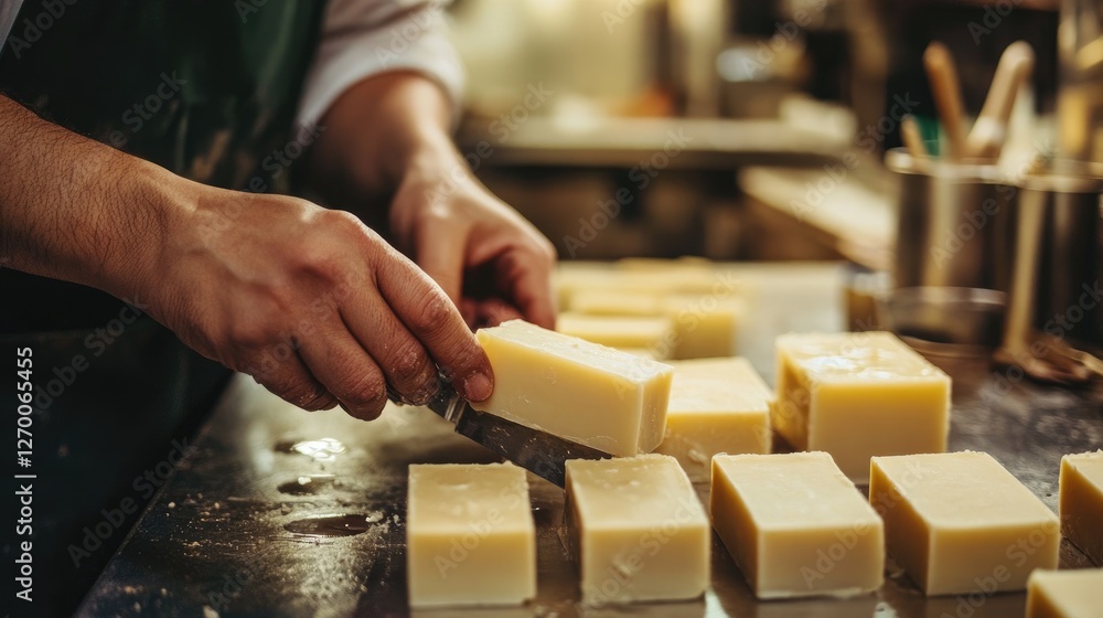 Poster A detailed shot of a soap maker cutting and preparing handmade soap bars, showcasing the process of creating high-quality artisanal soaps.