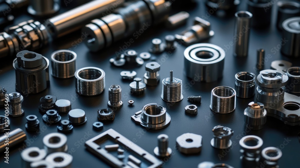 Poster a detailed shot of metallic parts and fasteners arranged on a dark surface, showcasing the quality a