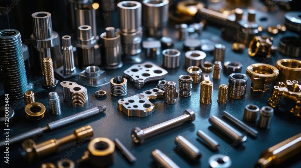 Poster a detailed shot of metallic parts and fasteners arranged on a dark surface, showcasing the quality a