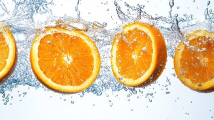 Sliced orange fruit suspended in the air, surrounded by vibrant water splashes, on a plain white background with ample copy space.