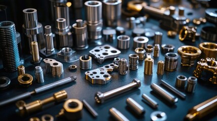 A detailed shot of metallic parts and fasteners arranged on a dark surface, showcasing the quality and complexity of industrial engineering.