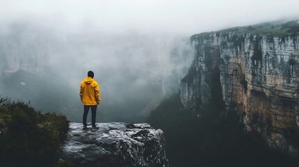 Obraz premium Man in Yellow Jacket on Mountaintop Dramatic Foggy Landscape Breathtaking View Majestic Cliffs Serene Solitude Peaceful Atmosphere Inspiring Scenery 