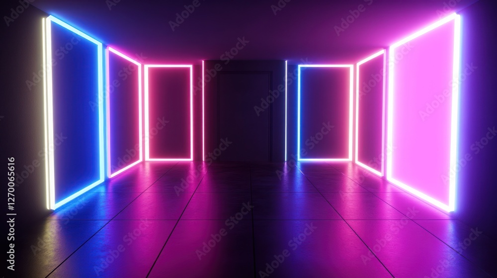 Poster abstract neon lights corridor with glowing rectangular frames design
