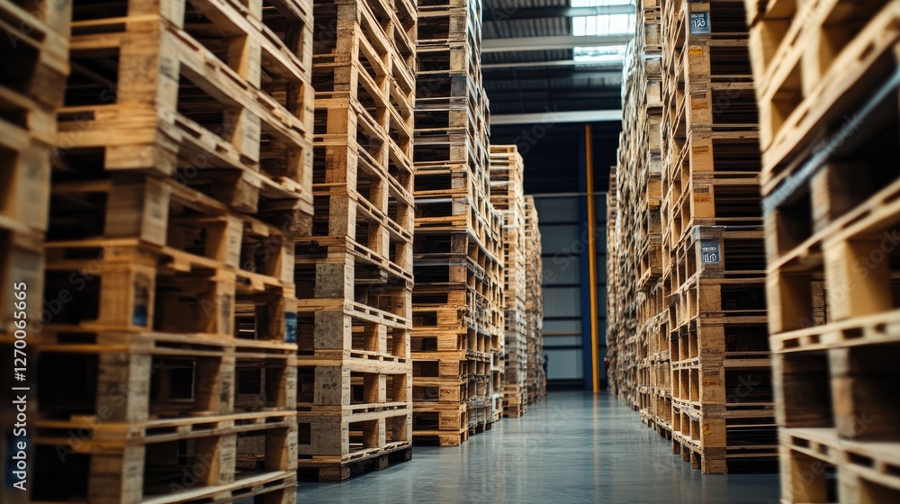 Poster a detailed shot of stacked wooden shipping pallets in a large warehouse, emphasizing the logistical 