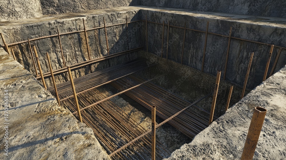 Poster A detailed view of a foundation pit, showing set rebar and formwork, symbolizing the preparation needed before concrete can be poured.