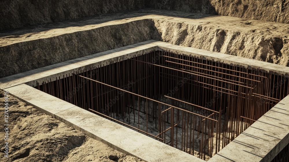 Poster a detailed view of a foundation pit, showing set rebar and formwork, symbolizing the preparation nee