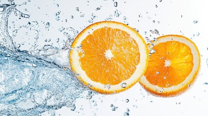 Sliced orange fruit suspended in the air, surrounded by vibrant water splashes, on a plain white background with ample copy space.