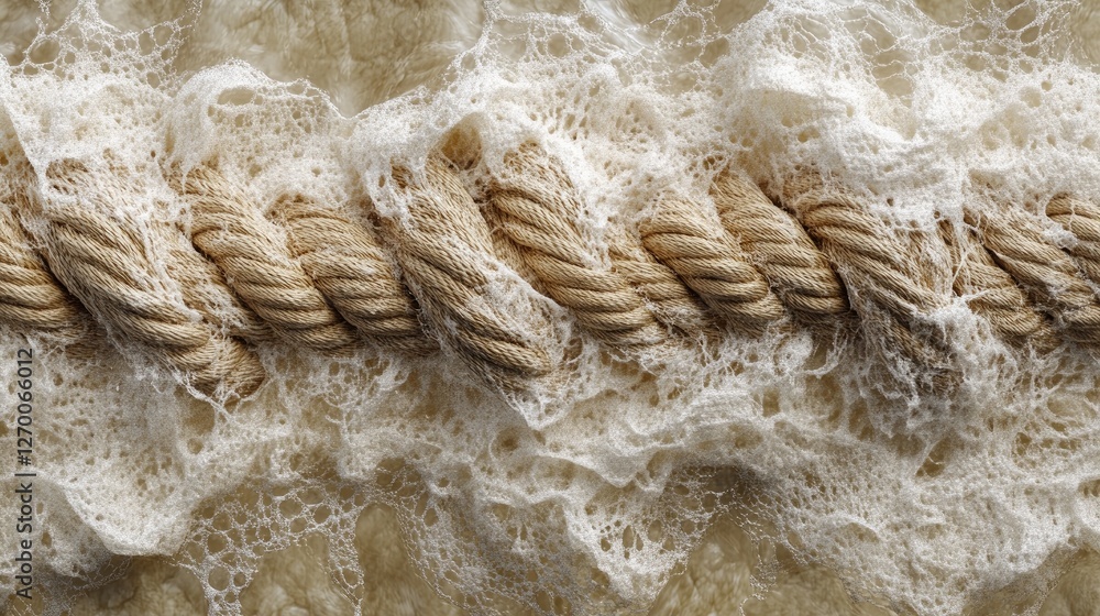 Aufkleber A detailed view of a rope with soft water in the background, highlighting the texture and durability of the rope in contrast to the calm setting.