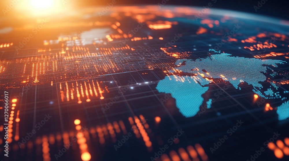 Poster virtual banking and global transactions, secure ai-powered financial networks on a world map.