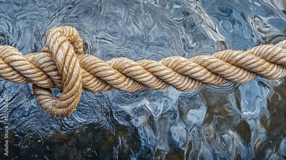 Aufkleber A detailed view of a rope with soft water in the background, highlighting the texture and durability of the rope in contrast to the calm setting.