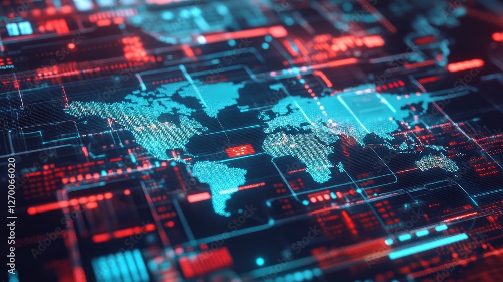 Poster virtual banking and global transactions, secure ai-powered financial networks on a world map.