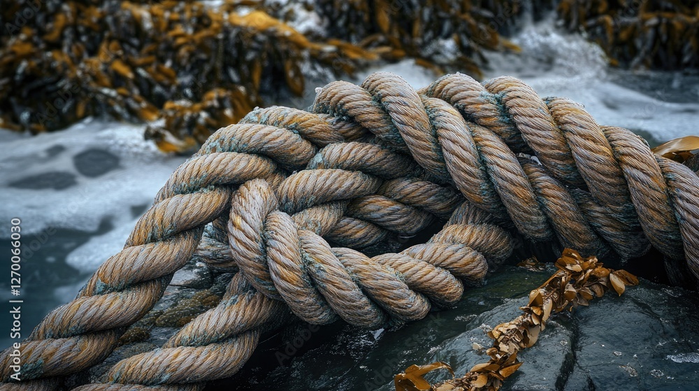 Aufkleber A detailed view of a rope with soft water in the background, highlighting the texture and durability of the rope in contrast to the calm setting.