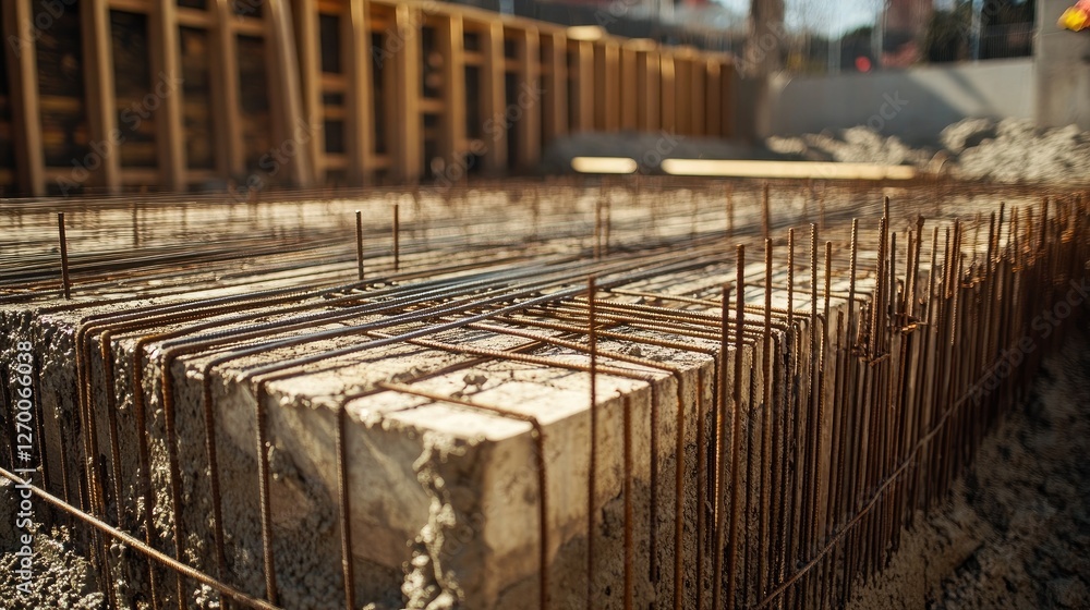 Poster a detailed view of rebar and formwork in a foundation pit, carefully prepared for an upcoming concre