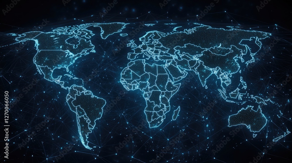 Poster virtual banking and global transactions, secure ai-powered financial networks on a world map.