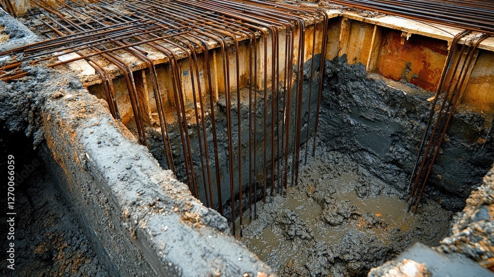Poster a detailed view of rebar and formwork in a foundation pit, carefully prepared for an upcoming concre