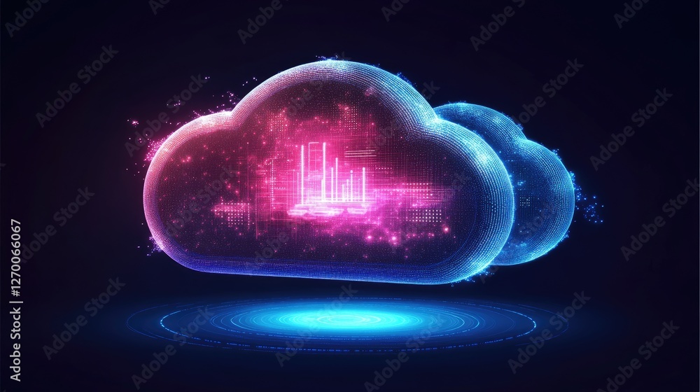 Poster virtual cloud storage with futuristic light trails and ai-driven data processing in motion.
