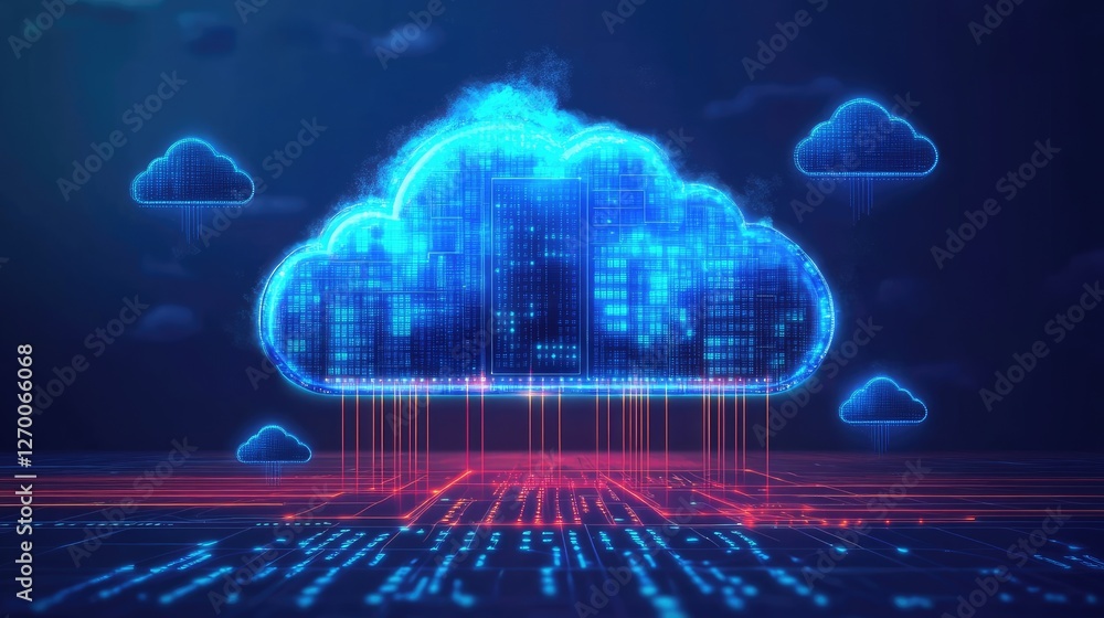 Poster Virtual cloud storage with futuristic light trails and AI-driven data processing in motion.