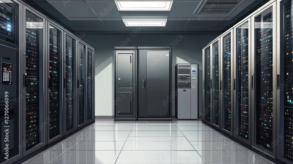 Poster virtual server room with ai-powered cloud data processing and cyber technology connections.