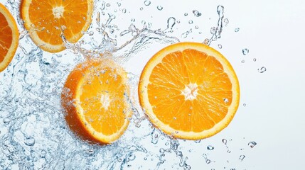 Sliced orange fruit suspended in the air, surrounded by vibrant water splashes, on a plain white background with ample copy space.
