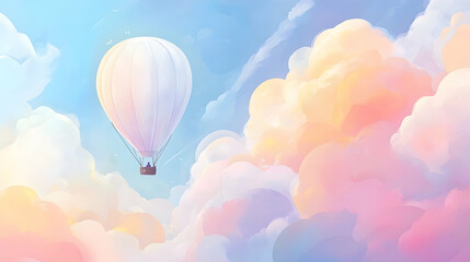 Naklejka premium White hot air balloon soaring pastel cloudscape, idyllic travel adventure background