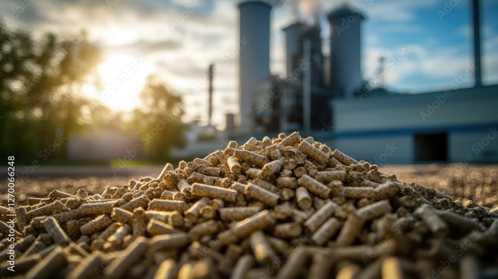 Poster a detailed view of wood pellets in the foreground with a power plant blurred in the background, symb