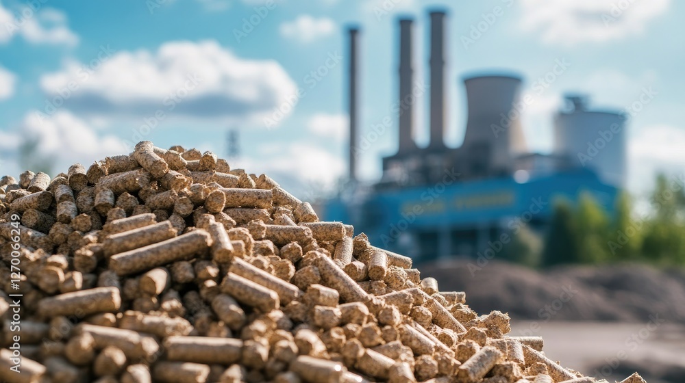 Poster a detailed view of wood pellets in the foreground with a power plant blurred in the background, symb