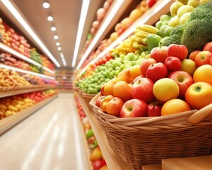 Explore a vibrant Grocery store fresh produce section A busy supermarket filled with fresh fruits and vegetables, showcasing healthy eating and shopping Discover colorful displays of ripe apples