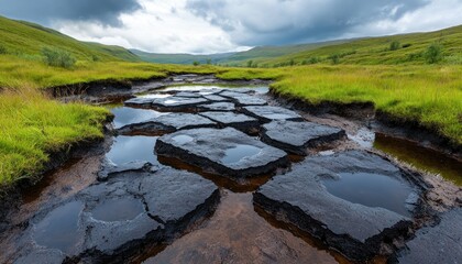 Explore Vast Peat Bogs in a Rural Landscape, revealing the profound environmental impact of traditional turf cutting Witness the eroded beauty and ecological consequences of peat extraction across