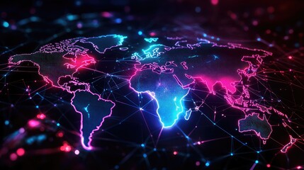 Worldwide trade and logistics concept, glowing neon cargo shipping routes over a stylized world map, supply chain visualization