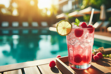 Icy pink raspberry drink with lime slice and straw by pool. Ideal for food bloggers, resort marketing, spa ads, summer party invitations, and drink menu designs
