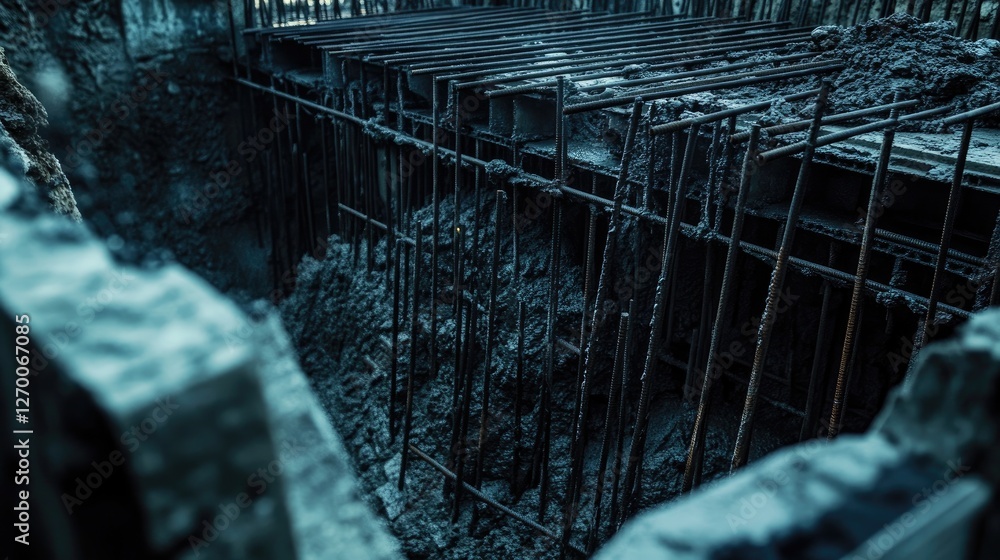 Poster A focused shot of rebar and formwork in a foundation pit, demonstrating the intricate preparation work for the upcoming concrete phase.